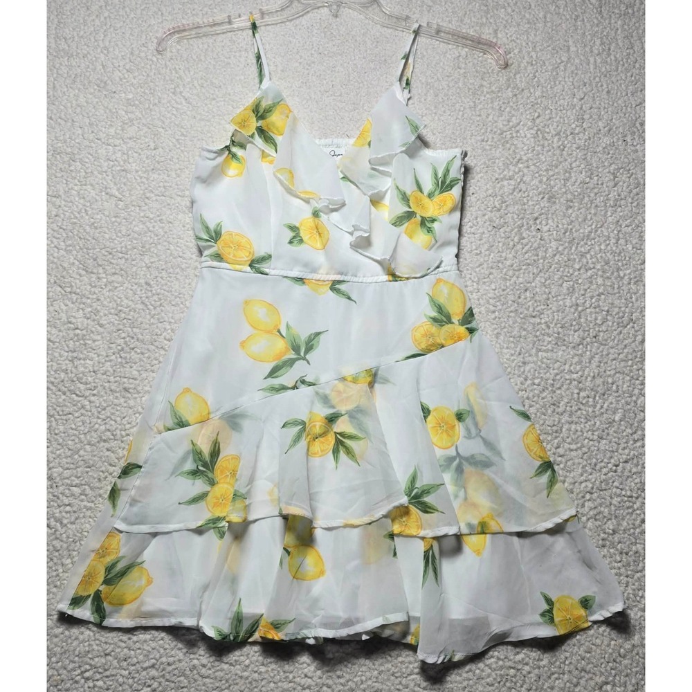 Japna White Lemon Print Ruffle Mini Dress Smocked Back Size M